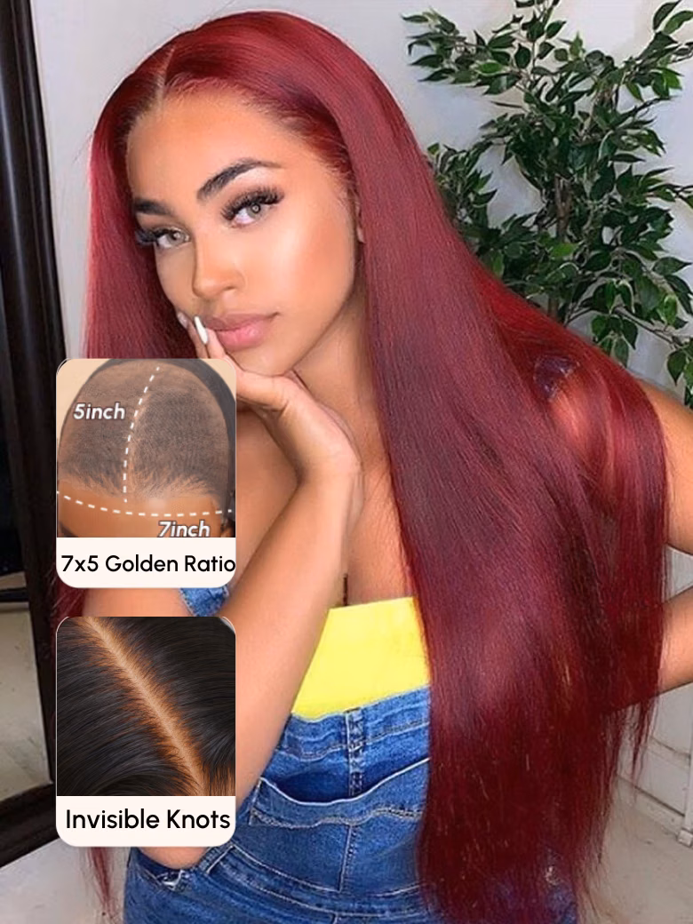 UNice Bye Bye Knots Wig 7x5 Glueless Lace Burgundy Yaki Wig With Bleached Knots